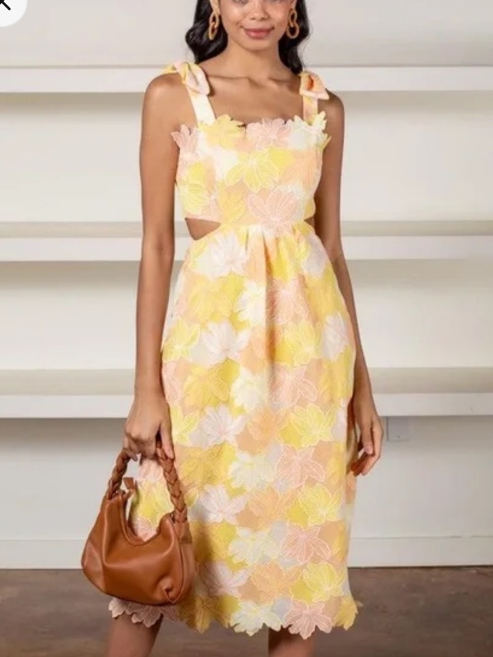 Adelyn Rae Yellow and Peach Floral Tie-Shoulder Cut out Midi Dress Small